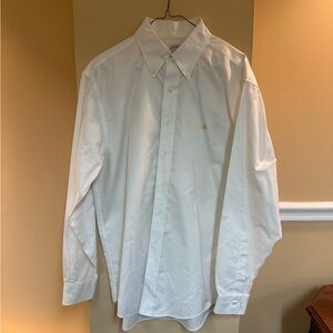 Brooks Brothers White Button-Down Dress Shirt with Gold Chest Emblem